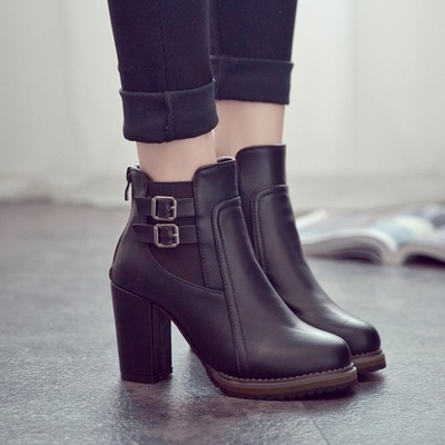Retro black pumps belt buckle short fashion 
