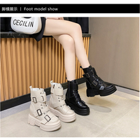 Women Thick Sole Ankle Boots Leather Wedge  - Thumbnail 3