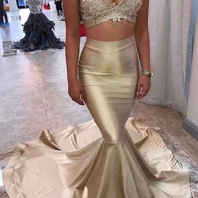 Sp1796,two pieces gold mermaid applique trumpet long prom dresses - Thumbnail 2