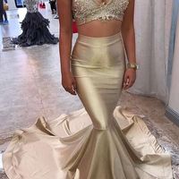 SP1796,Two Pieces Gold Mermaid Applique Trumpet Long Prom Dresses - Thumbnail 1