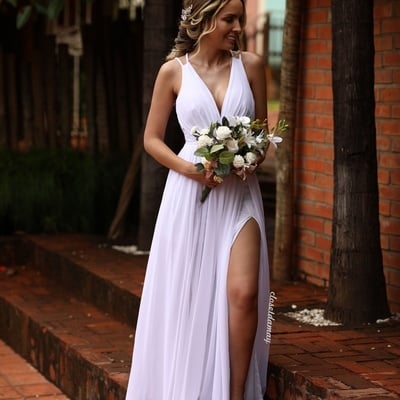 Sp1798,white v-neck chiffon full length sleeveless sheath prom dresses with split - Thumbnail 5