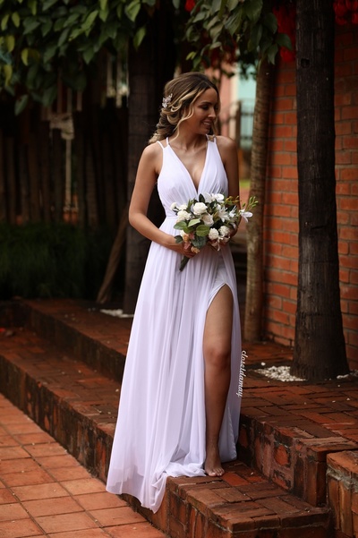 SP1798,White V-Neck Chiffon Full Length Sleeveless Sheath Prom Dresses with Split