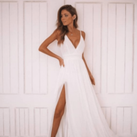SP1799,Simple A-Line Deep V Neck White Chiffon Long Evening Party Dresses with Split - Thumbnail 1