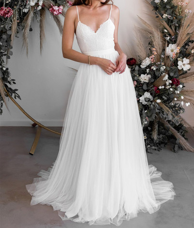 SP1800,Elegant White Lace Chiffon Spaghetti Straps Sheath Long Wedding Gown Bridal Dresses