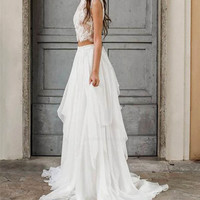 SP1822,Ivory Two Pieces Lace Chiffon Layered Wedding Bridal Gown - Thumbnail 3