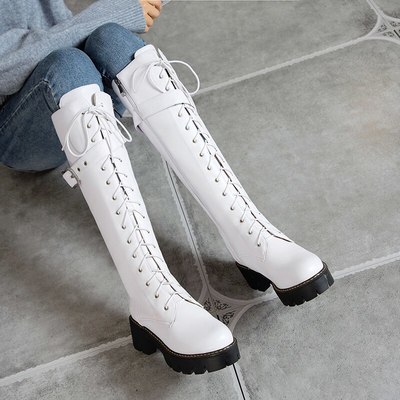 Lacing zipper long boots winter shoes ladies - Thumbnail 4