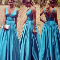 SP1807,Cheap Custom Blue Bridesmaid Dresses A line Satin Bridesmaid Dress - Thumbnail 1