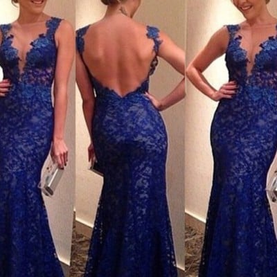 Sp1809,trumpet/mermaid v-neck lace floor-length appliques lace prom dresses - Thumbnail 2
