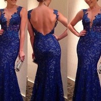SP1809,Trumpet/Mermaid V-neck Lace Floor-length Appliques Lace Prom Dresses - Thumbnail 1