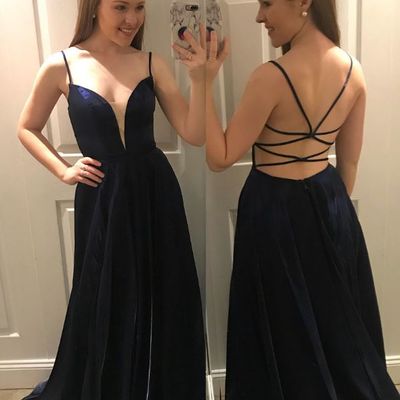 Sp1811,sexy spaghetti-straps backless long dark blue prom dress - Thumbnail 4
