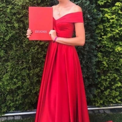 Sp1823,red satin off the shoulder prom evening dresses with sweep train - Thumbnail 2