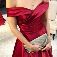 SP1824,Elegant Off-the-Shoulder Burgundy Satin Prom Dress with Ruched  - Thumbnail 1