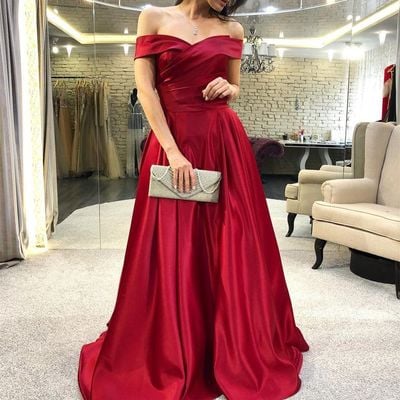 Sp1824,elegant off-the-shoulder burgundy satin prom dress with ruched  - Thumbnail 3