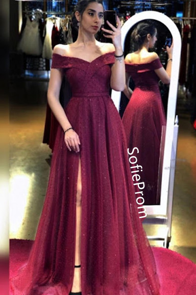 SP1826,Off The Shoulder Tulle Ruby Sequins Side-Split A-Line Prom Dresses