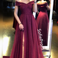SP1826,Off The Shoulder Tulle Ruby Sequins Side-Split A-Line Prom Dresses - Thumbnail 1