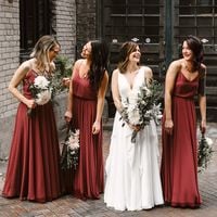 SP1831,A Line V-neck Long Chiffon Simple Brick Red Bridesmaid Dresses - Thumbnail 1