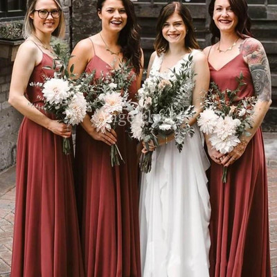 Sp1831,a line v-neck long chiffon simple brick red bridesmaid dresses