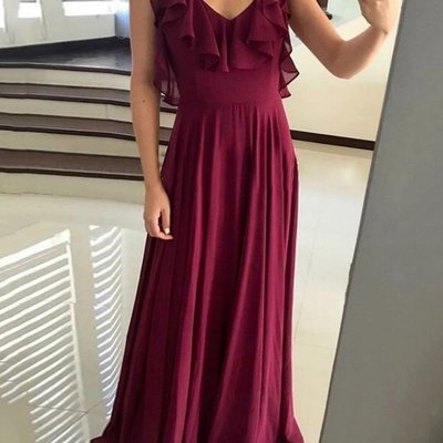 Sp1832,flowy flounced neckline chiffon long backless prom dresses