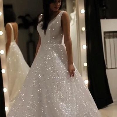 Sp1836,sparkly v-neck backless wedding gown, sequins prom dress on sale - Thumbnail 2