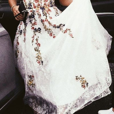 Sp1837,stunning long floral lace prom dress a line v neck wedding dress - Thumbnail 2