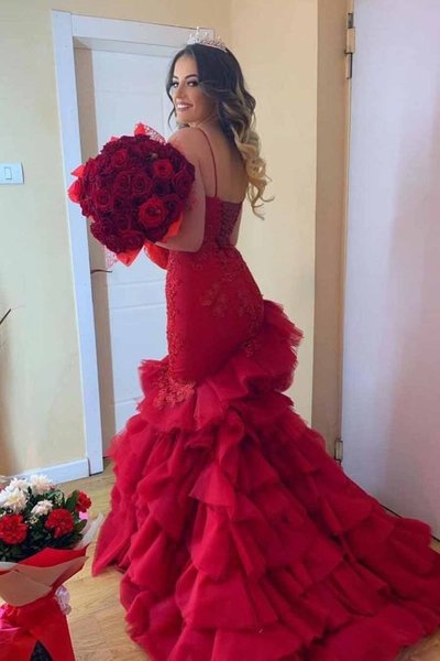 SP1840,Burgundy Prom Dress Sweetheart Mermaid Layered Formal Gown