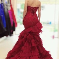 SP1840,Burgundy Prom Dress Sweetheart Mermaid Layered Formal Gown - Thumbnail 2