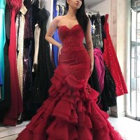 SP1840,Burgundy Prom Dress Sweetheart Mermaid Layered Formal Gown - Thumbnail 1