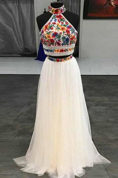 SP1842,Halter Sweet 16 Dress Two Piece Embroidery Floral Long Prom Dress 