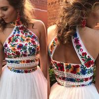 SP1842,Halter Sweet 16 Dress Two Piece Embroidery Floral Long Prom Dress  - Thumbnail 1