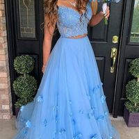 SP1844,Two Piece Blue Prom Dress Off-The-Shoulder A Line Long Graduation Gown  - Thumbnail 1