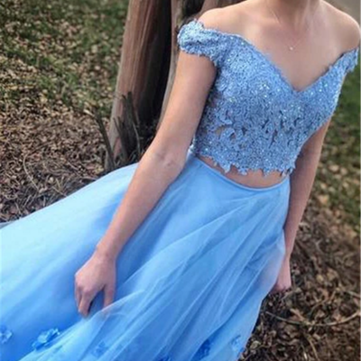 Sp1844,two piece blue prom dress off-the-shoulder a line long graduation gown  - Thumbnail 3
