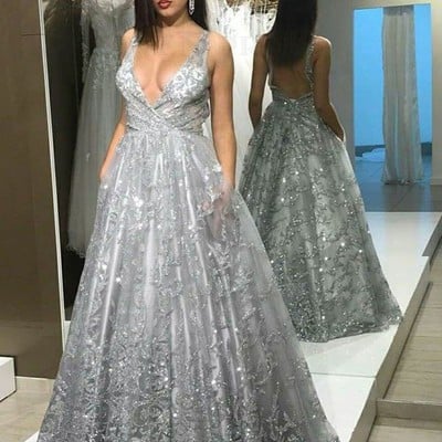 Sp1847,deep v-neck long sequins prom dresses,backless formal dress with pockets - Thumbnail 3