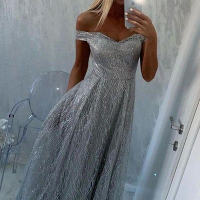 Sp1848,women silver sequins prom dresses off the shoulder silver evening dress - Thumbnail 3