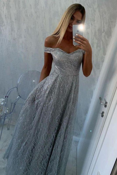 SP1848,Women Silver Sequins Prom Dresses Off The Shoulder Silver Evening Dress