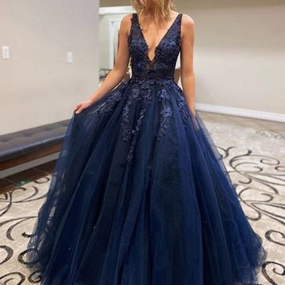 Sp1849,a-line v neck appliques navy blue prom dresses, navy blue long evening dresses  - Thumbnail 1
