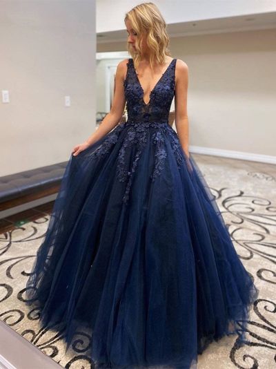 SP1849,A-line V Neck Appliques Navy Blue Prom Dresses, Navy Blue Long Evening Dresses 