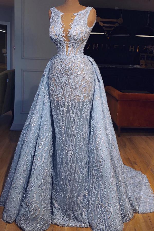 Trendy Blue Deep V-neck Layers Prom Gowns JTE544 main image 1