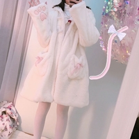 Japanese Cute Autumn Winter Soft Plush Velvet Girl Neko Ear Pink Cat Paw White Loose Coat - Thumbnail 5