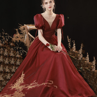 Burgundy v neck long prom dress A line evening gown - Thumbnail 1