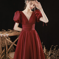 Burgundy v neck long prom dress A line evening gown - Thumbnail 2