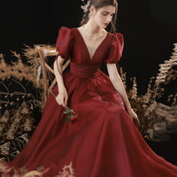 Burgundy v neck long prom dress A line evening gown - Thumbnail 3