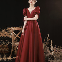 Burgundy v neck long prom dress A line evening gown - Thumbnail 5