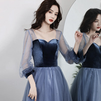 Blue vlevet tulle long prom dress A line evening gown - Thumbnail 2