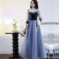 Blue vlevet tulle long prom dress A line evening gown - Thumbnail 3