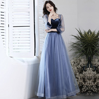 Blue vlevet tulle long prom dress A line evening gown - Thumbnail 4
