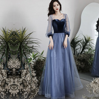 Blue vlevet tulle long prom dress A line evening gown - Thumbnail 6
