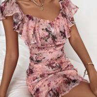 Women'S Printed Lotus Leaf Dress - Thumbnail 1
