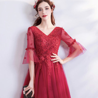 Red v neck lace long prom dress A line evening gown - Thumbnail 2