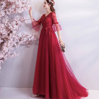 Red v neck lace long prom dress A line evening gown - Thumbnail 3