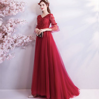 Red v neck lace long prom dress A line evening gown - Thumbnail 4